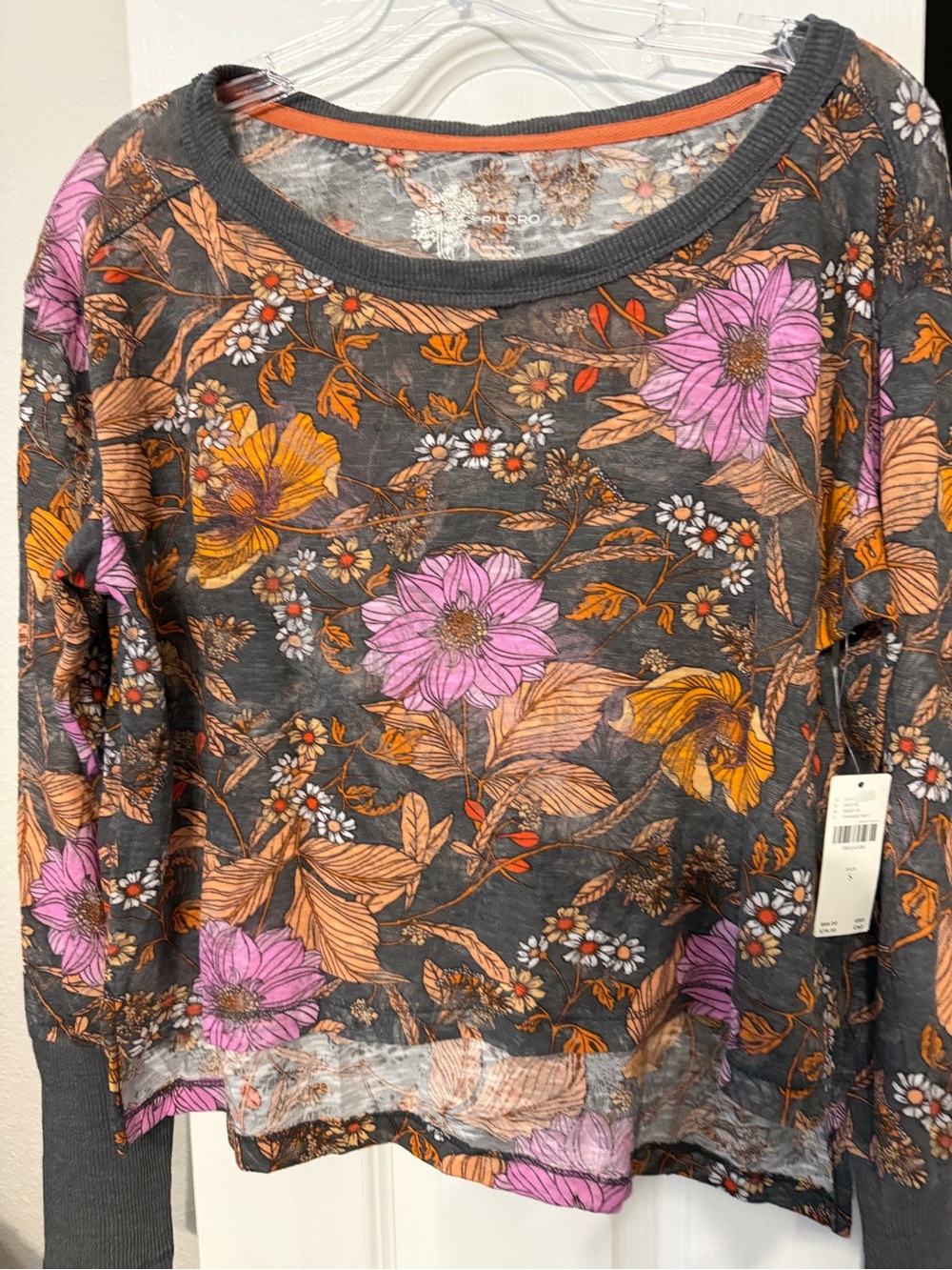 Anthropologie RARE Long-Sleeve Top - Gray/brown with Pink & Orange nwt small